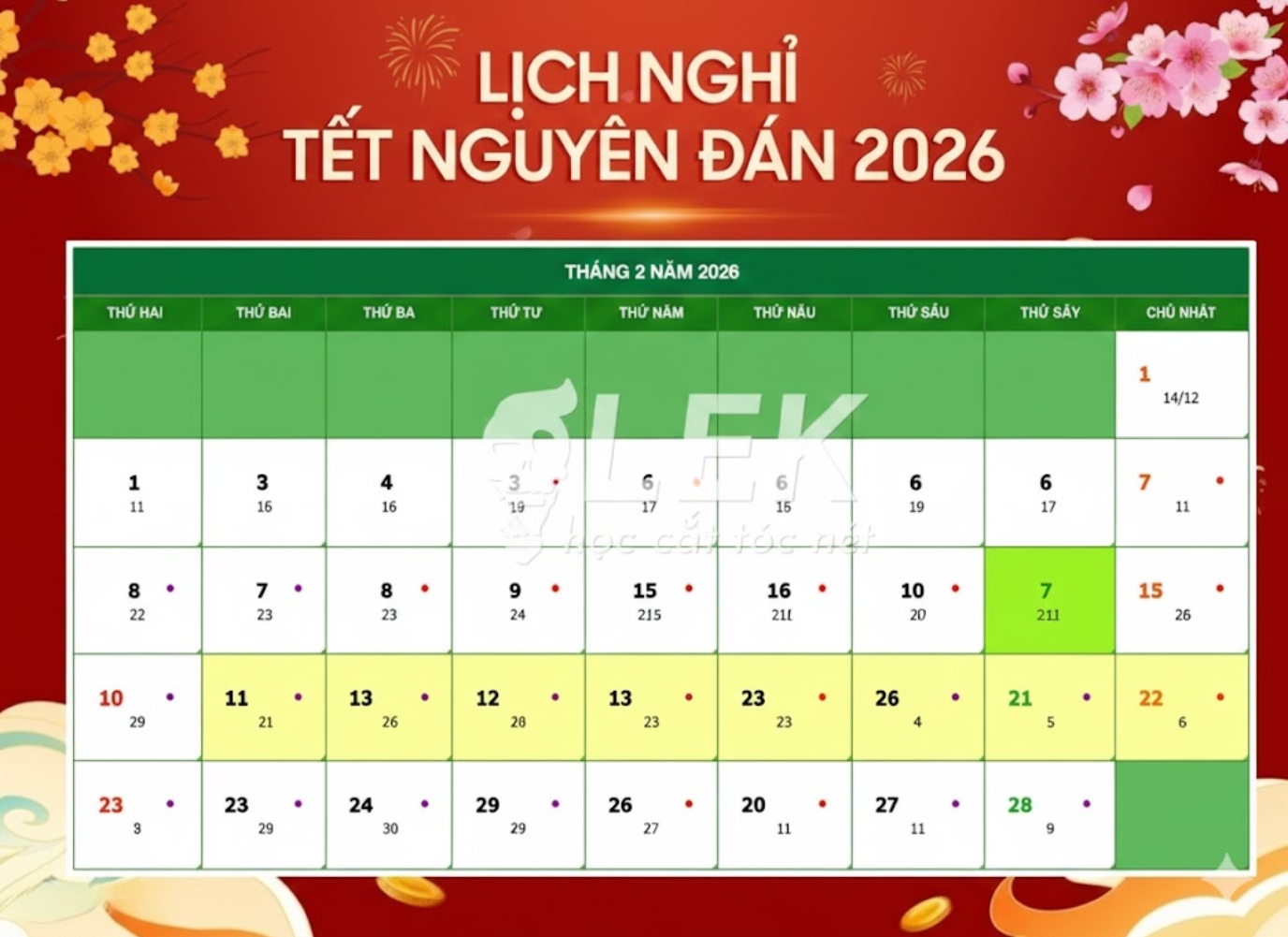 Lịch Tết Âm Lịch, Dương Lịch 2026